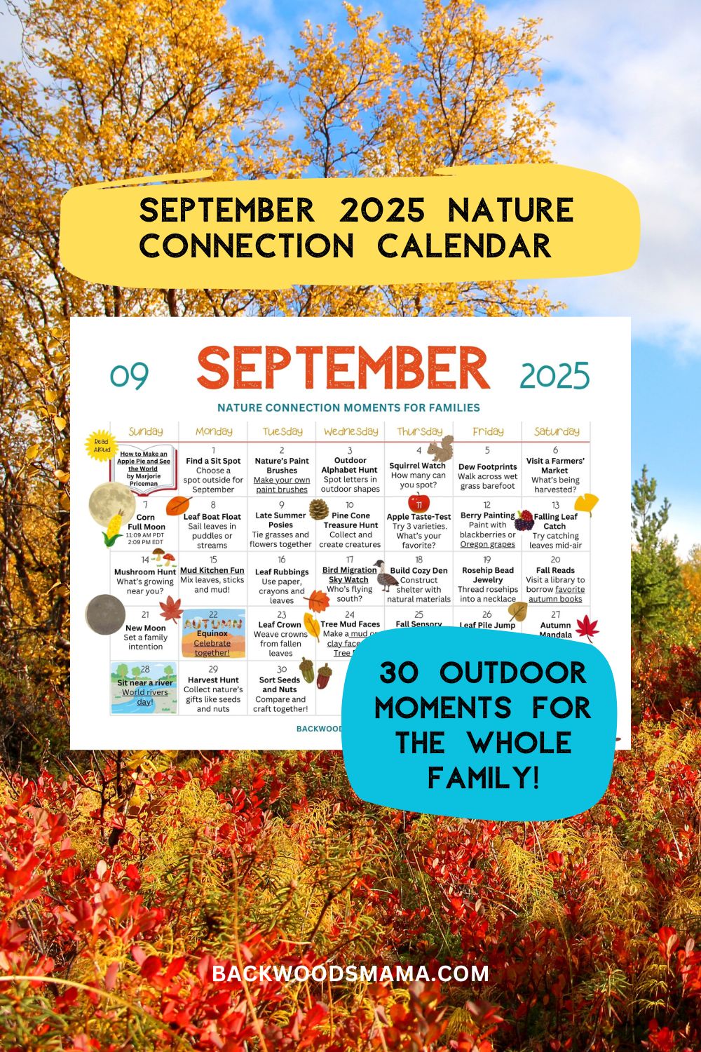 September 2025 Nature Connection Calendar Pinterest card