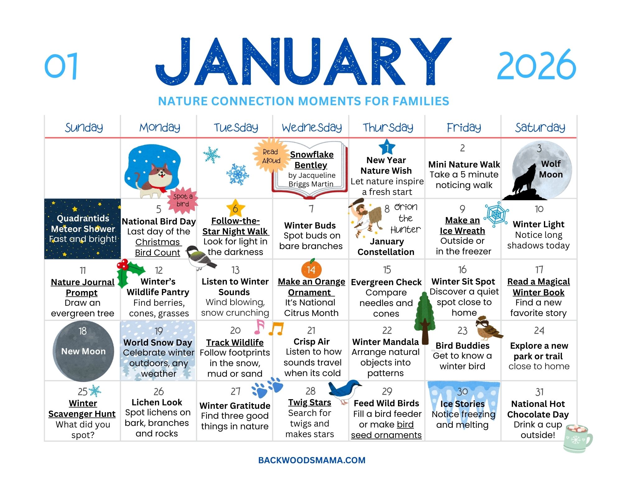 January 2026 Nature Connection Calendar for Families